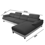 Amok 6 Seater L Shape Sofa Set for Living Room (Black Grey Leathertte) Right Side