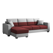 Aden LHS 6 Seater L Shape Sofa Set with 2 Puffy for Living Room (Maroon Grey Colour Fabric) Premium Fabric Sofa Set for Living Room