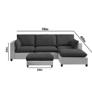 Amberlin 4 Seater Interchangeable L Shape Sofa with Ottoman for Living Room (Black Grey)
