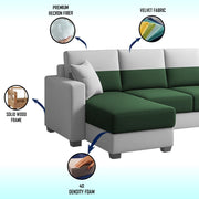 Aden RHS 4 Seater L Shape Sofa Set with 2 Puffy for Living Room (Green Grey Colour Fabric) Premium Fabric Sofa Set for Living Room