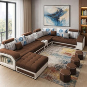 Casaliving Yamir Modern U-Shaped Sectional Sofa Set with Storage, 9 Seater, Sofa Couch with 4 Puffy for Hall Guest Room (Blue & Grey) Premium Fabric Sofa Set