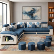 Casaliving Yamir Modern U-Shaped Sectional Sofa Set with Storage, 9 Seater, Sofa Couch with 4 Puffy for Hall Guest Room (Blue & Grey) Premium Fabric Sofa Set