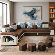 Casaliving Yamir Modern U-Shaped Sectional Sofa Set with Storage, 9 Seater, Sofa Couch with 4 Puffy for Hall Guest Room (Blue & Grey) Premium Fabric Sofa Set