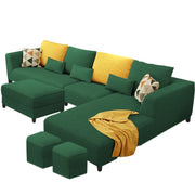 Minta LHS 8 Seater L Shape Sofa Set with Ottoman & 2 Puffy for Living Room (Green Fabric)