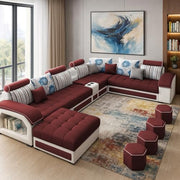 Casaliving Yamir Modern U-Shaped Sectional Sofa Set with Storage, 9 Seater, Sofa Couch with 4 Puffy for Hall Guest Room (Blue & Grey) Premium Fabric Sofa Set
