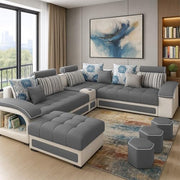 Casaliving Yamir Modern U-Shaped Sectional Sofa Set with Storage, 9 Seater, Sofa Couch with 4 Puffy for Hall Guest Room (Blue & Grey) Premium Fabric Sofa Set