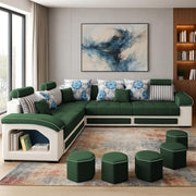 Casaliving Yamir Modern U-Shaped Sectional Sofa Set with Storage, 9 Seater, Sofa Couch with 4 Puffy for Hall Guest Room (Blue & Grey) Premium Fabric Sofa Set