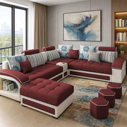 Casaliving Yamir Modern U-Shaped Sectional Sofa Set with Storage, 9 Seater, Sofa Couch with 4 Puffy for Hall Guest Room (Blue & Grey) Premium Fabric Sofa Set