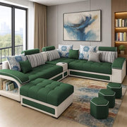 Casaliving Yamir Modern U-Shaped Sectional Sofa Set with Storage, 9 Seater, Sofa Couch with 4 Puffy for Hall Guest Room (Blue & Grey) Premium Fabric Sofa Set
