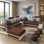 Casaliving Yamir Modern U-Shaped Sectional Sofa Set with Storage, 9 Seater, Sofa Couch with 4 Puffy for Hall Guest Room (Blue & Grey) Premium Fabric Sofa Set