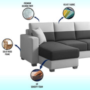 Aden LHS 6 Seater L Shape Sofa Set with 2 Puffy for Living Room (Black Grey Colour Fabric) Premium Fabric Sofa Set for Living Room