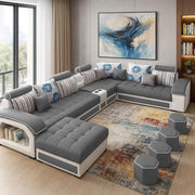 Casaliving Yamir Modern U-Shaped Sectional Sofa Set with Storage, 9 Seater, Sofa Couch with 4 Puffy for Hall Guest Room (Blue & Grey) Premium Fabric Sofa Set