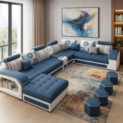 Casaliving Yamir Modern U-Shaped Sectional Sofa Set with Storage, 9 Seater, Sofa Couch with 4 Puffy for Hall Guest Room (Blue & Grey) Premium Fabric Sofa Set