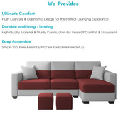 Aden RHS 4 Seater L Shape Sofa Set with 2 Puffy for Living Room (Maroon Grey Colour Fabric) Premium Fabric Sofa Set for Living Room