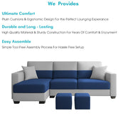 Aden LHS 4 Seater L Shape Sofa Set with 2 Puffy for Living Room (Blue Grey Colour Fabric) Premium Fabric Sofa Set for Living Room