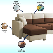 Aden LHS 6 Seater L Shape Sofa Set with 2 Puffy for Living Room (Cream Brown Colour Fabric) Premium Fabric Sofa Set for Living Room