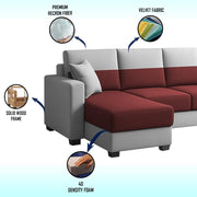 Aden LHS 6 Seater L Shape Sofa Set with 2 Puffy for Living Room (Maroon Grey Colour Fabric) Premium Fabric Sofa Set for Living Room
