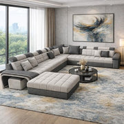 Casaliving Yamir Modern U-Shaped Sectional Sofa Set with Storage, 9 Seater, Sofa Couch with 4 Puffy for Hall Guest Room (Blue & Grey) Premium Fabric Sofa Set