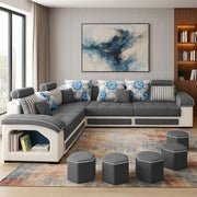 Casaliving Yamir Modern U-Shaped Sectional Sofa Set with Storage, 9 Seater, Sofa Couch with 4 Puffy for Hall Guest Room (Blue & Grey) Premium Fabric Sofa Set