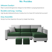 Aden RHS 4 Seater L Shape Sofa Set with 2 Puffy for Living Room (Green Grey Colour Fabric) Premium Fabric Sofa Set for Living Room