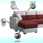 Aden RHS 4 Seater L Shape Sofa Set with 2 Puffy for Living Room (Maroon Grey Colour Fabric) Premium Fabric Sofa Set for Living Room