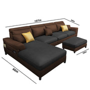 Blakey 6 Seater L Shape Sofa with Ottoman for Living Room (Black Brown Fabric) Left Side