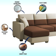 Aden RHS 4 Seater L Shape Sofa Set with 2 Puffy for Living Room (Cream Brown Colour Fabric) Premium Fabric Sofa Set for Living Room