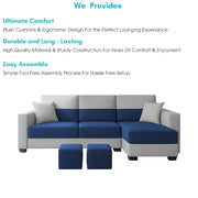 Aden RHS 4 Seater L Shape Sofa Set with 2 Puffy for Living Room (Blue Grey Colour Fabric) Premium Fabric Sofa Set for Living Room