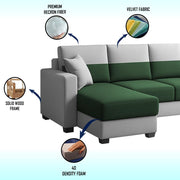 Aden LHS 6 Seater L Shape Sofa Set with 2 Puffy for Living Room (Green Grey Colour Fabric) Premium Fabric Sofa Set for Living Room