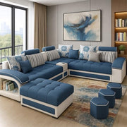 Casaliving Yamir Modern U-Shaped Sectional Sofa Set with Storage, 9 Seater, Sofa Couch with 4 Puffy for Hall Guest Room (Blue & Grey) Premium Fabric Sofa Set