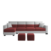 Aden LHS 6 Seater L Shape Sofa Set with 2 Puffy for Living Room (Maroon Grey Colour Fabric) Premium Fabric Sofa Set for Living Room