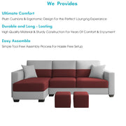 Aden LHS 4 Seater L Shape Sofa Set with 2 Puffy for Living Room (Maroon Grey Colour Fabric) Premium Fabric Sofa Set for Living Room