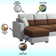 Aden RHS 4 Seater L Shape Sofa Set with 2 Puffy for Living Room (Brown Grey Colour Fabric) Premium Fabric Sofa Set for Living Room