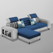Samra LHS 4 Seater L Shape Sofa Set with 4 Puffy for Living Room (Blue Grey Fabric) Premium Fabric Sofa