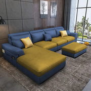 Blakey 6 Seater L Shape Sofa with Ottoman for Living Room (Blue Yellow Fabric) Left Side