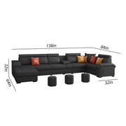 Emerson Modern U-Shaped Sectional Sofa Set 9 Seater, Sofa Couch with 3 Puffy for Hall (Black Colour) Premium Leatherette Fabric Sofa