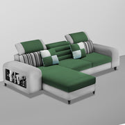 Samra LHS 4 Seater L Shape Sofa Set with 4 Puffy for Living Room (Green Grey Fabric) Premium Fabric Sofa