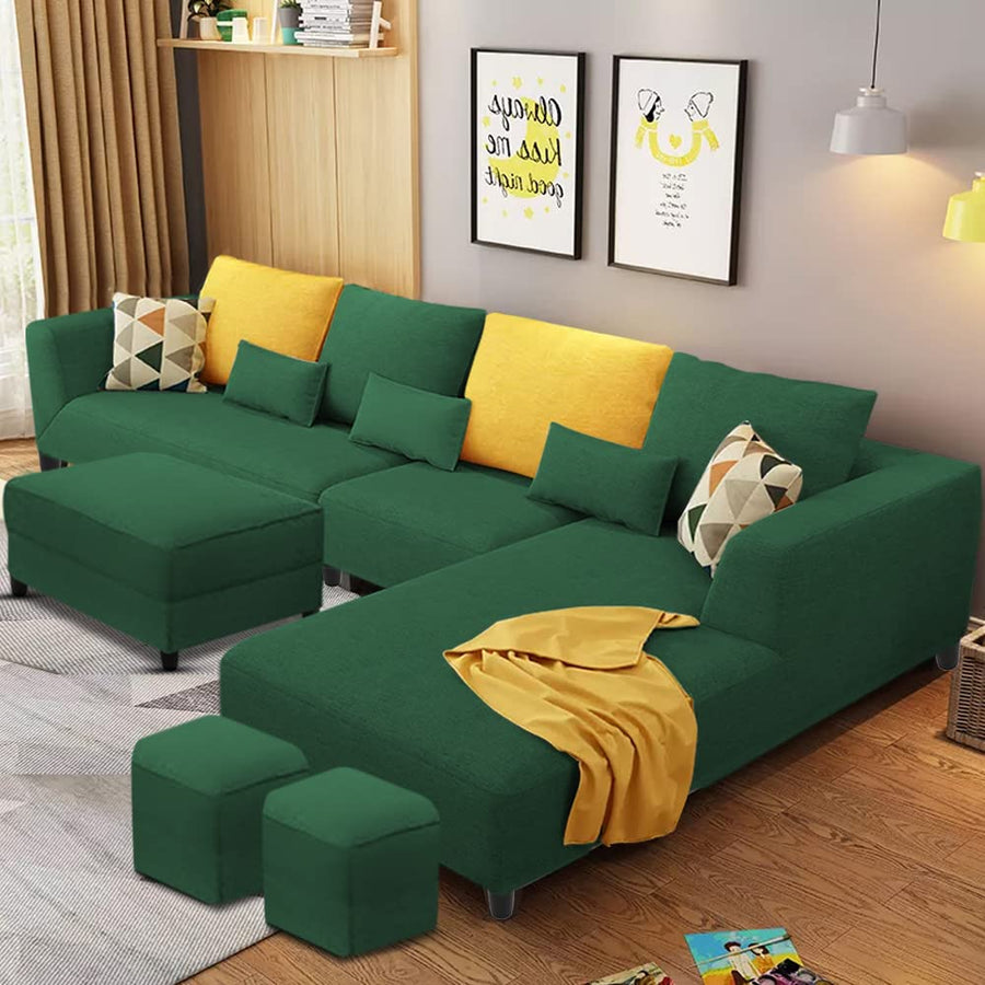 Minta LHS 8 Seater L Shape Sofa Set with Ottoman & 2 Puffy for Living Room (Green Fabric)