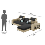 Samra RHS 4 Seater L Shape Sofa Set with 4 Puffy for Living Room (Cream Black Fabric) Premium Fabric Sofa