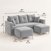 Casaliving Euron 4 Seater L Shape Convertible Sofa Set for Living Room, 3 Seater & 2 Ottoman Modular Sectional Couch for Small Space (Black Colour) Fabric