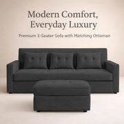 Casaliving Treshta 3 Seater with Ottomon Pull-Out Sofa Cum Bed (Black Color) Premium Fabric Sofa Set for Living Room | Bedroom