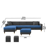 Garcia RHS 8 Seater L Shape Sofa Set with Ottoman & 2 Puffy for Living Room (Dark Grey) Premium Fabric Sofa Set