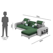 Samra RHS 4 Seater L Shape Sofa Set with 4 Puffy for Living Room (Green Grey Fabric) Premium Fabric Sofa