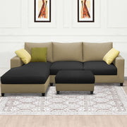 Rihan 4 Seater L Shape Sofa Set with Ottoman for Living Room (Cream Black Fabric) Left Side Sofa