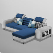 Samra RHS 4 Seater L Shape Sofa Set with 4 Puffy for Living Room (Blue Grey Fabric) Premium Fabric Sofa