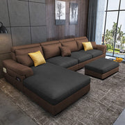 Blakey 6 Seater L Shape Sofa with Ottoman for Living Room (Black Brown Fabric) Left Side