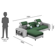 Samra LHS 4 Seater L Shape Sofa Set with 4 Puffy for Living Room (Green Grey Fabric) Premium Fabric Sofa