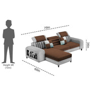 Samra LHS 4 Seater L Shape Sofa Set with 4 Puffy for Living Room (Brown Grey Fabric) Premium Fabric Sofa