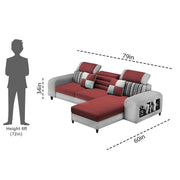 Samra RHS 4 Seater L Shape Sofa Set with 4 Puffy for Living Room (Maroon Grey Fabric) Premium Fabric Sofa