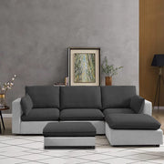 Amberlin 4 Seater Interchangeable L Shape Sofa with Ottoman for Living Room (Black Grey)